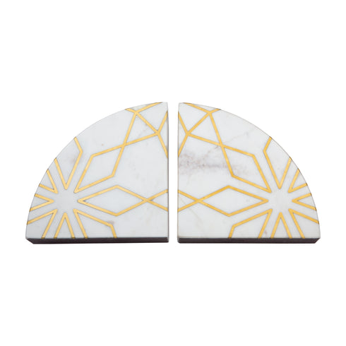 White Marble Geometria Bookends with Brass Inlay