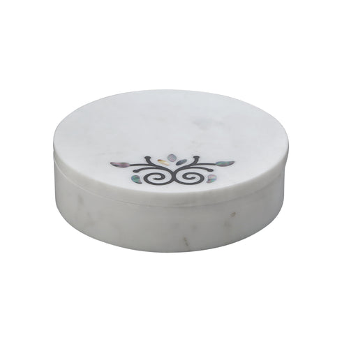 Large White Marble Trinket Box with Damask Motif