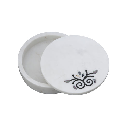 Large White Marble Trinket Box with Damask Motif
