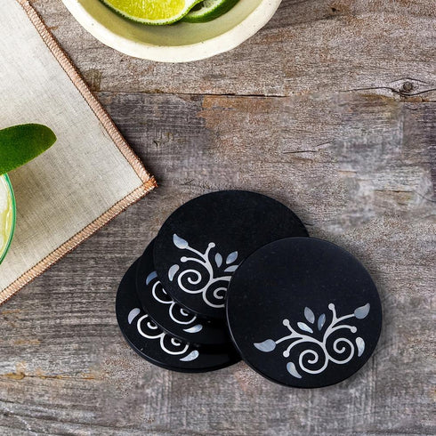 Black Stone Coasters with Mother of Pearl Inlay (Set of 4)