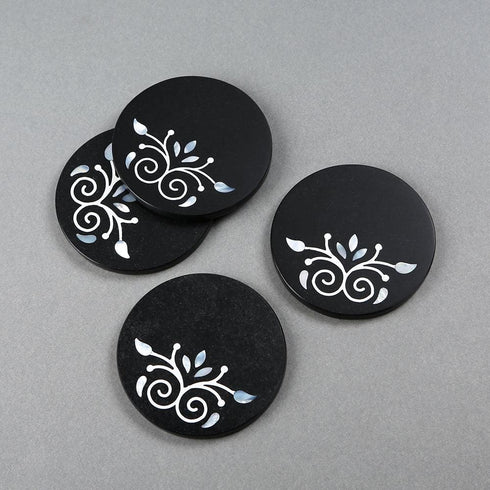 Black Stone Coasters with Mother of Pearl Inlay (Set of 4)