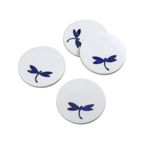 White Marble Coasters with Lapis Lazuli Inlay (Set of 4)