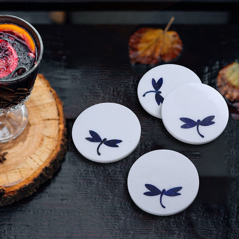 White Marble Coasters with Lapis Lazuli Inlay (Set of 4)