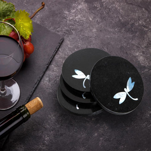Black Limestone Coasters with Mother of Pearl Inlay (Set of 4)