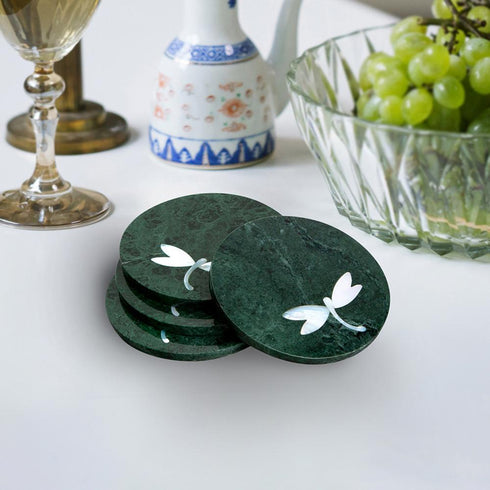 Green Marble Coasters with Mother of Pearl Inlay (Set of 4)