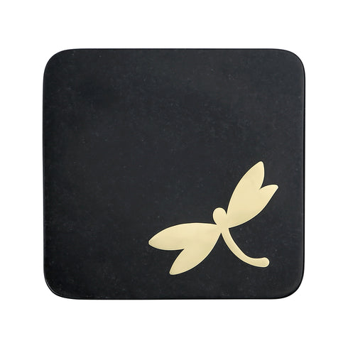 Square Black Stone Coasters with Brass Inlay (Set of 4)