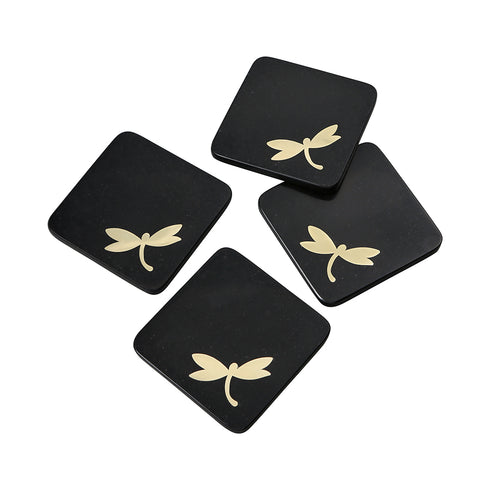 Square Black Stone Coasters with Brass Inlay (Set of 4)
