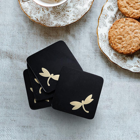 Square Black Stone Coasters with Brass Inlay (Set of 4)