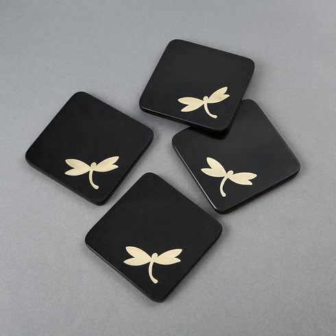 Square Black Stone Coasters with Brass Inlay (Set of 4)