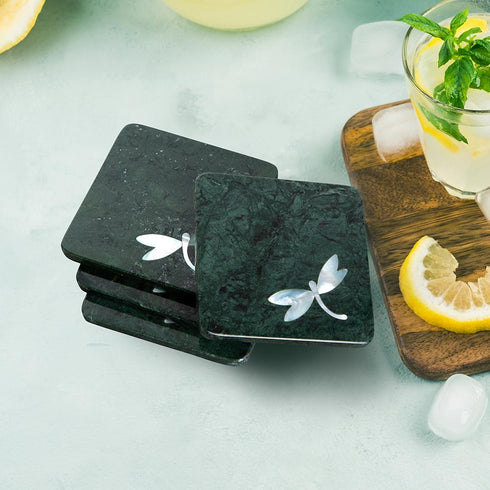 Square Coaster Set in Green Marble & Mother of Pearl (Set of 4)