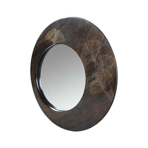 Dark Wood Wall Mirror with Brass Inlay