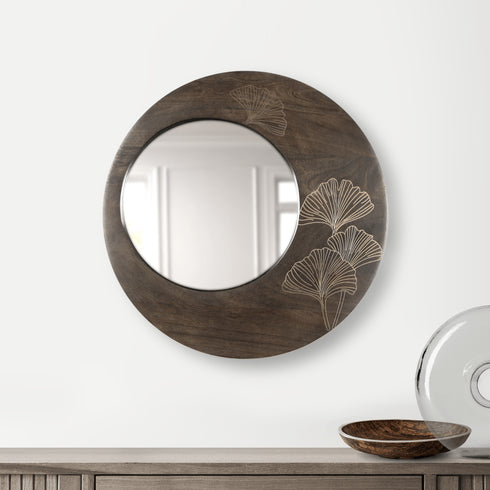 Dark Wood Wall Mirror with Brass Inlay