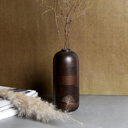 Wooden Vase with Brass Detailing