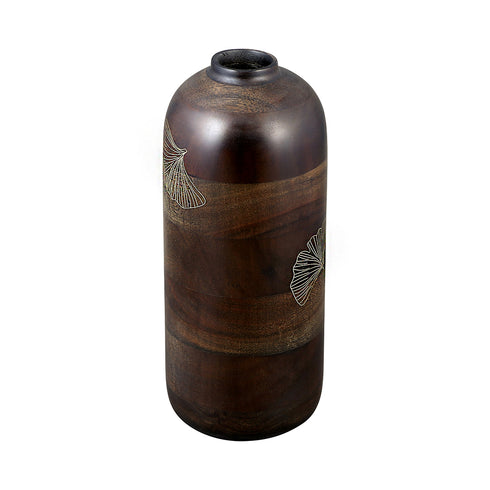 Large Wooden Vase with Brass Detailing