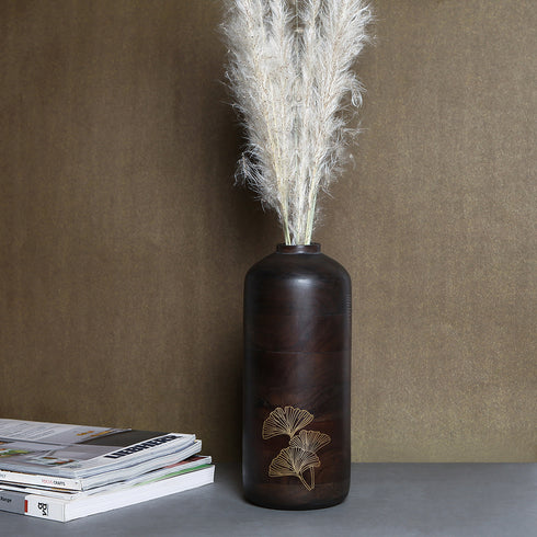 Large Wooden Vase with Brass Detailing