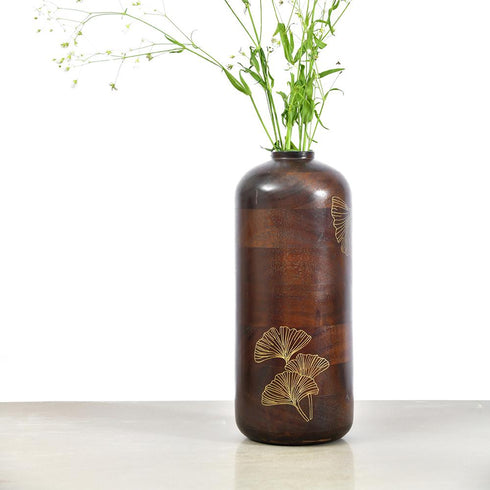 Wooden Large Vase with Brass Detailing