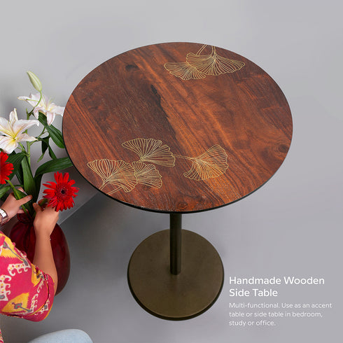 Round Wooden Table with Brass Inlay