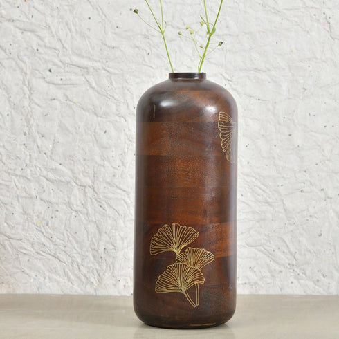 Wooden Large Vase with Brass Detailing